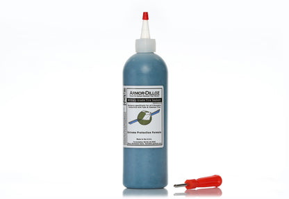 Blue Armor-Dilloz tire sealant, 16 oz bottle with a red-handled valve-core tool
