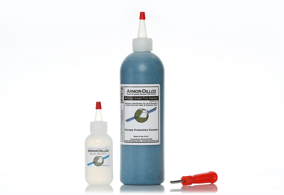 Blue Armor-Dilloz tire sealant, 16 oz bottle with Bead Buddy and a red-handled valve-core tool