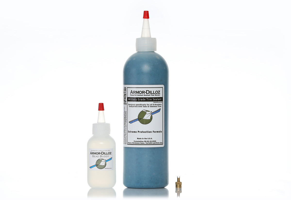 Blue Armor-Dilloz tire sealant, 16 oz bottle with Bead Buddy and a brass valve-core tool