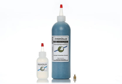 Blue Armor-Dilloz tire sealant, 16 oz bottle with Bead Buddy and a brass valve-core tool