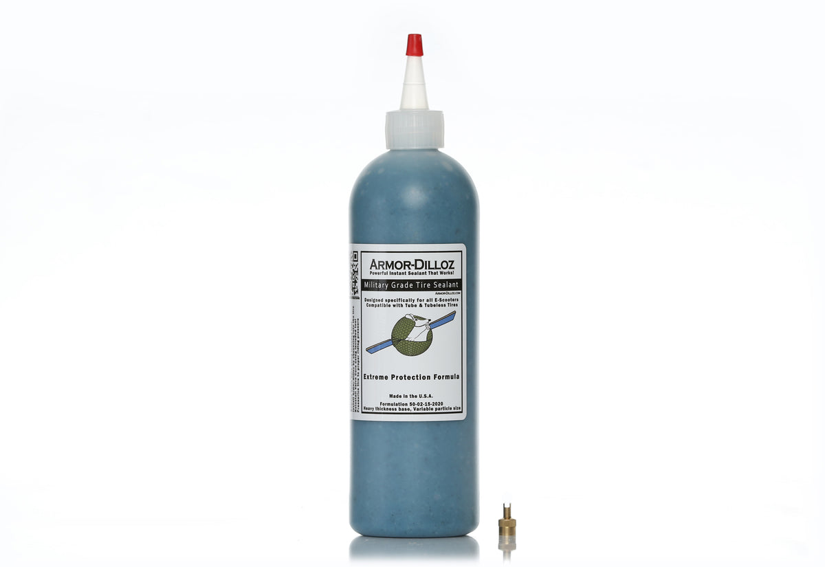 Blue Armor-Dilloz tire sealant, 16 oz bottle with a brass valve-core tool
