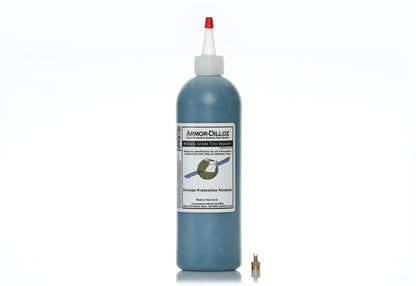 Blue Armor-Dilloz tire sealant, 16 oz bottle with a brass valve-core tool