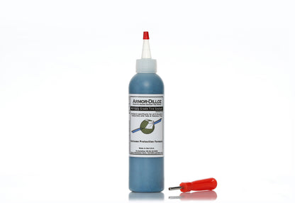 Blue Armor-Dilloz tire sealant, 8 oz bottle with a red-handled valve-core tool
