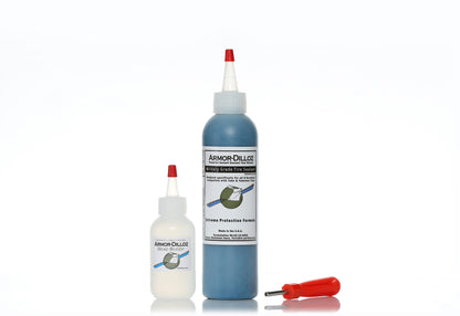 Blue Armor-Dilloz tire sealant, 8 oz bottle with Bead Buddy and a red-handled valve-core tool
