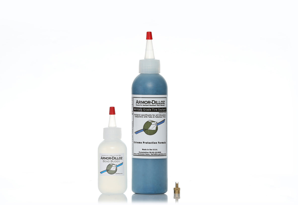 Blue Armor-Dilloz tire sealant, 8 oz bottle with Bead Buddy and a brass valve-core tool