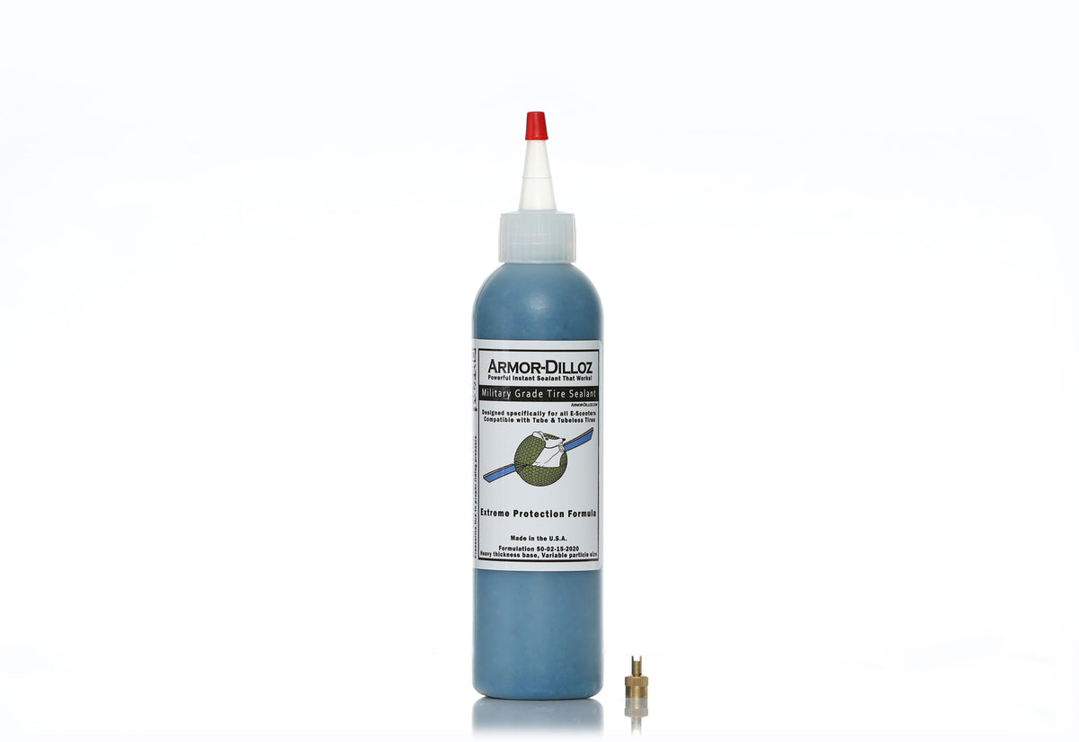 Blue Armor-Dilloz tire sealant, 8 oz bottle with a brass valve-core tool