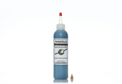 Blue Armor-Dilloz tire sealant, 8 oz bottle with a brass valve-core tool