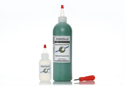 Green Armor-Dilloz tire sealant, 16 oz bottle with Bead Buddy and a red-handled valve-core tool