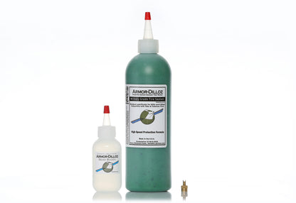 Green Armor-Dilloz tire sealant, 16 oz bottle with Bead Buddy and a brass valve-core tool