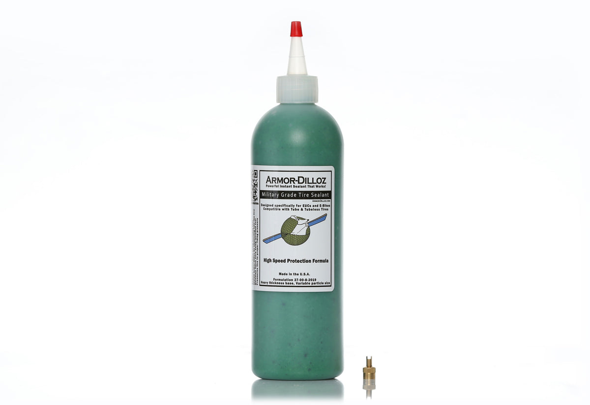 Green Armor-Dilloz tire sealant, 16 oz bottle with a brass valve-core tool