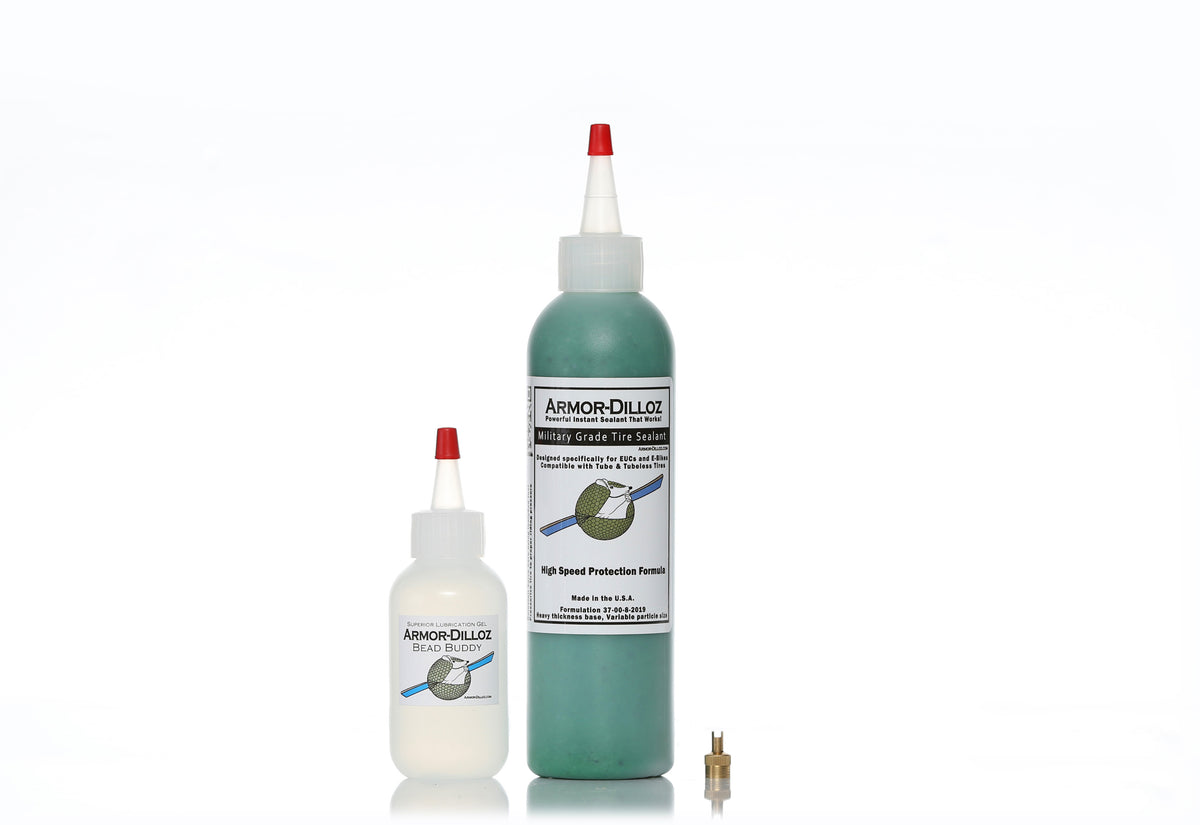 Green Armor-Dilloz tire sealant, 8 oz bottle with Bead Buddy and a brass valve-core tool