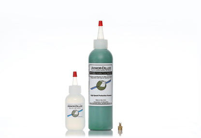 Green Armor-Dilloz tire sealant, 8 oz bottle with Bead Buddy and a brass valve-core tool