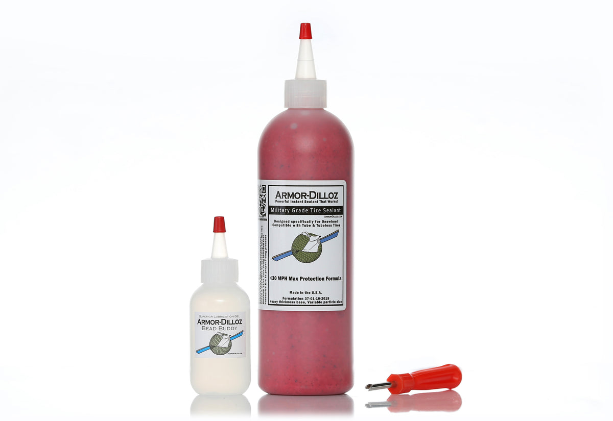 Red Armor-Dilloz tire sealant, 16 oz bottle with Bead Buddy and a red-handled valve-core tool