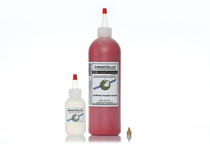 Red Armor-Dilloz tire sealant, 16 oz bottle with Bead Buddy and a brass valve-core tool