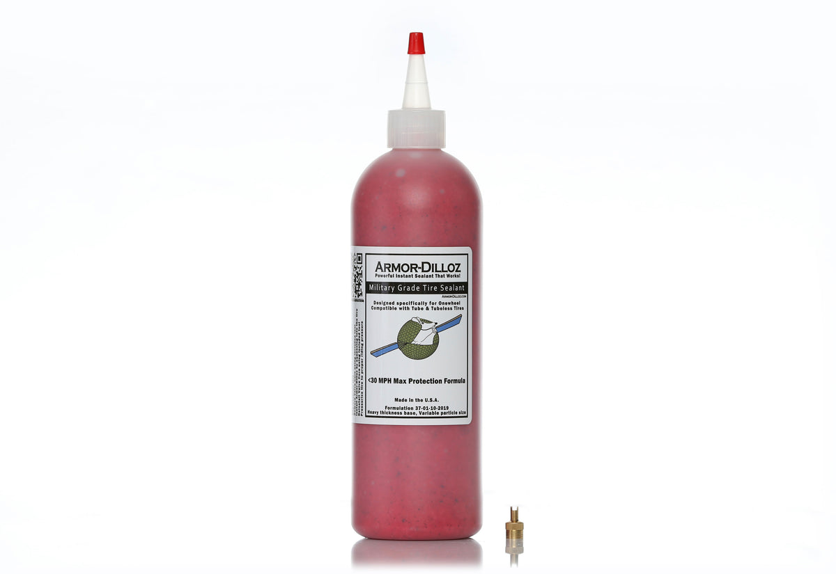 Red Armor-Dilloz tire sealant, 16 oz bottle with a brass valve-core tool