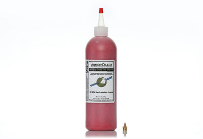 Red Armor-Dilloz tire sealant, 16 oz bottle with a brass valve-core tool