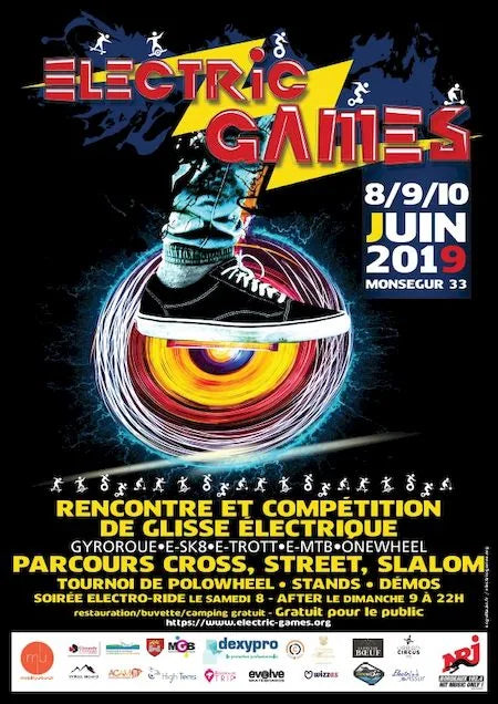 Electric Games 2019 poster advertising electric mobility races, including Onewheel competition in Monségur, France.