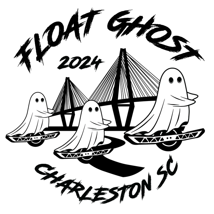 Three white ghosts riding single-wheel boards in the FloatGhost 2024 design.