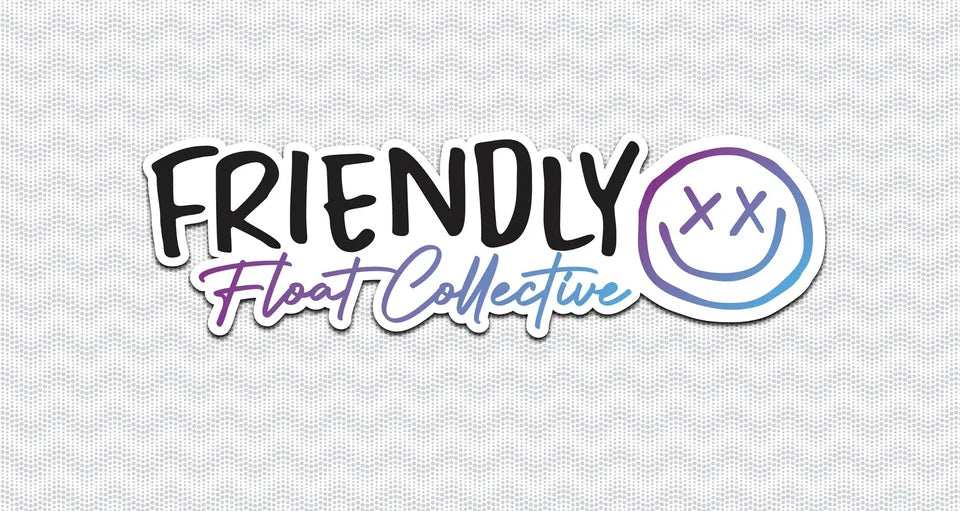 Friendly Float Collective wordmark and smiley-face mark on a white halftone background.