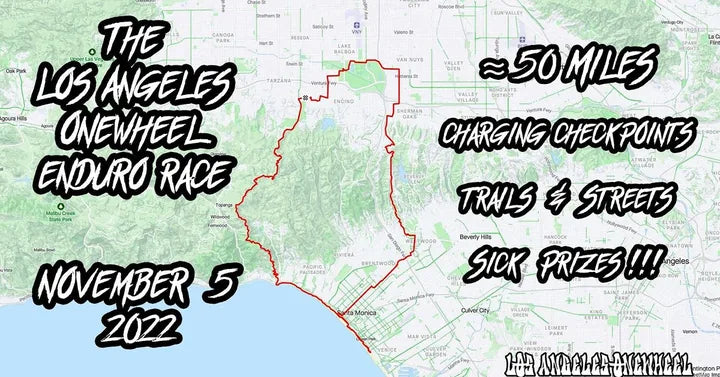 Los Angeles Onewheel Enduro Race poster showing the roughly 50-mile route and November 5, 2022 date.