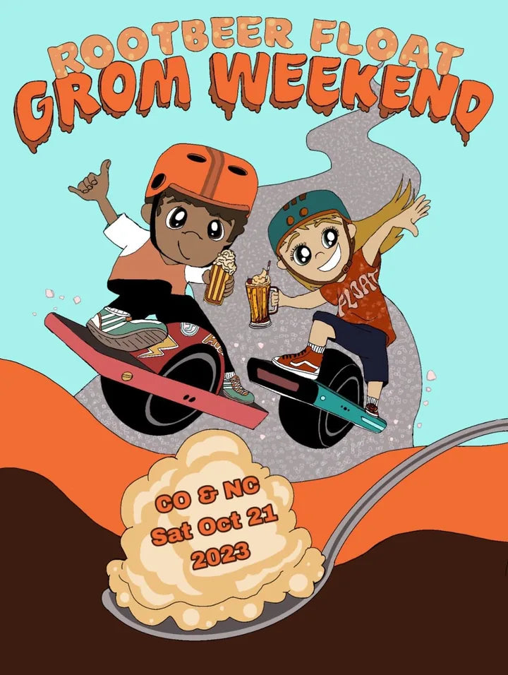 Illustrated Rootbeer Float Grom Weekend flyer with two young Onewheel riders and October 21, 2023 dates for Colorado and North Carolina