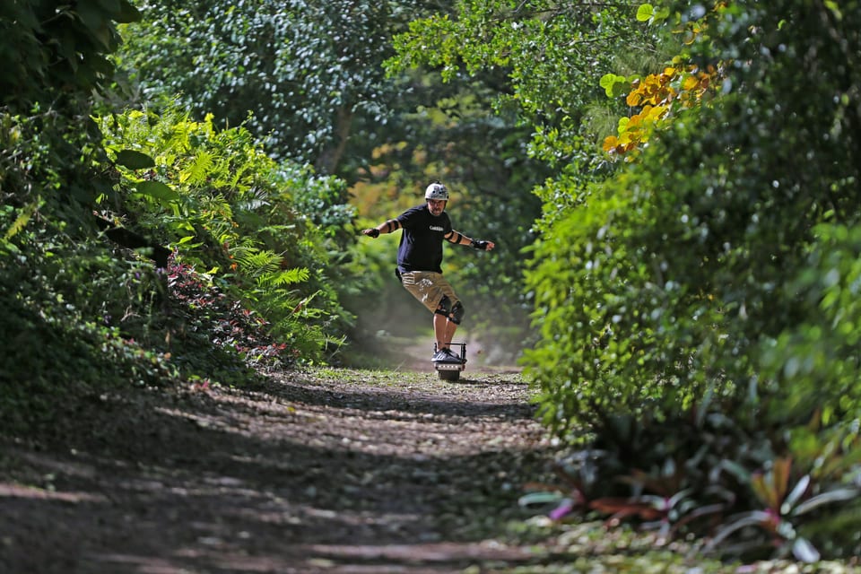 A rider follows a narrow path through green woodland at Stokebird.