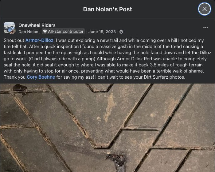 Facebook post by Dan Nolan describing a large tire gash, above a close-up photograph of the damaged tread.