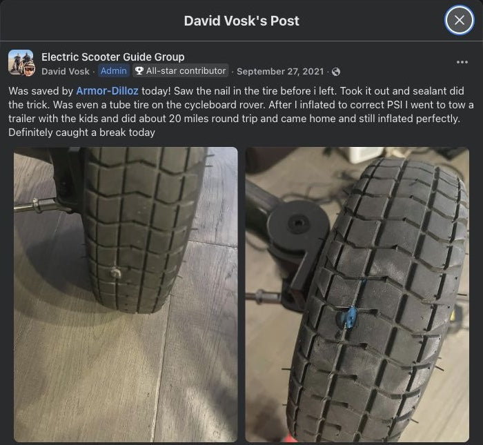 Facebook post by David Vosk showing a nail in a scooter tire and sealant at the puncture.