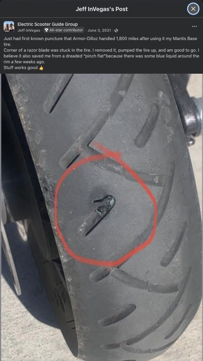 Facebook post by Jeff InVegas above a scooter tire photograph with a razor-blade fragment circled in red.