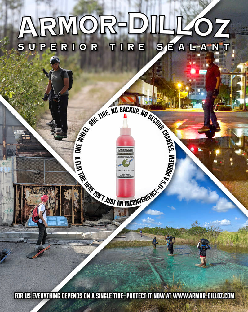 Four riding photos surround a Red bottle. Text: One wheel. One tire. No backup. No second chances.