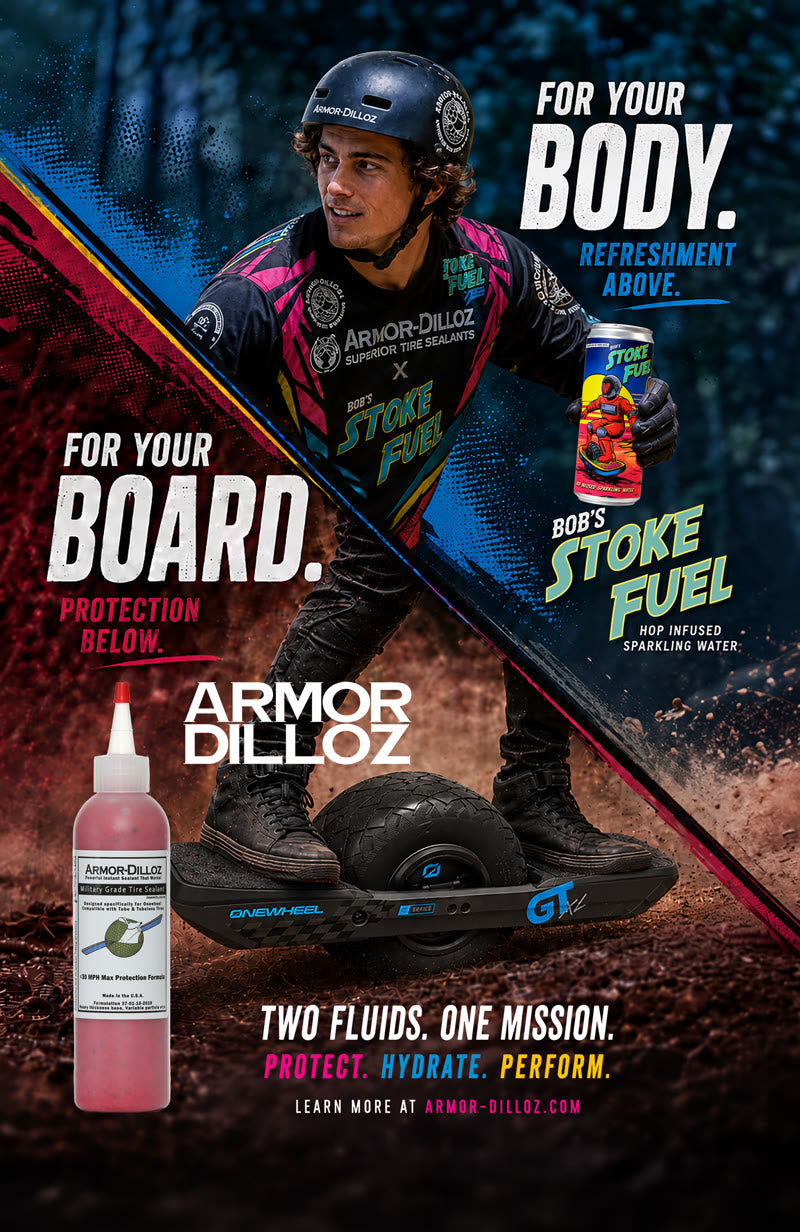 An Armor-Dilloz and Bob's StokeFuel ad: a rider holds a can above a scene of a Onewheel and a Red bottle.