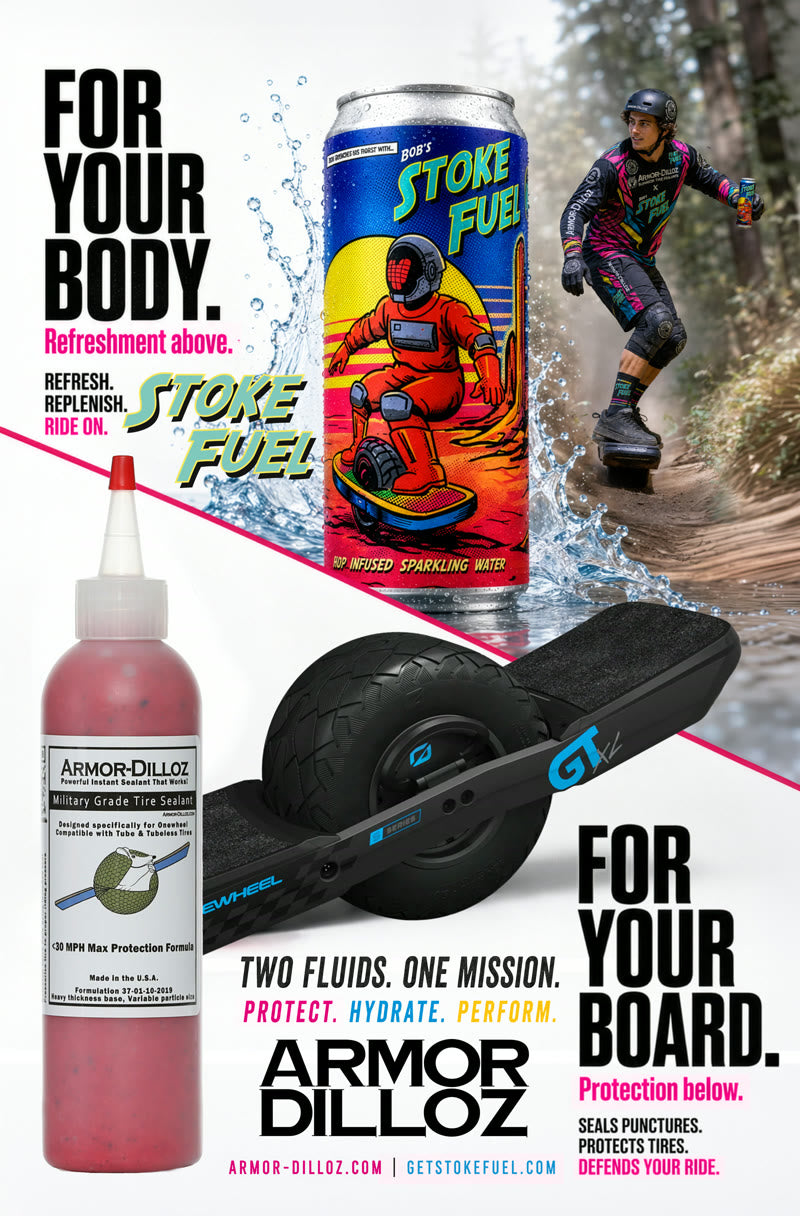 A light-background Armor-Dilloz and Bob's StokeFuel ad, with a rider, a Onewheel, a can and a Red sealant bottle.