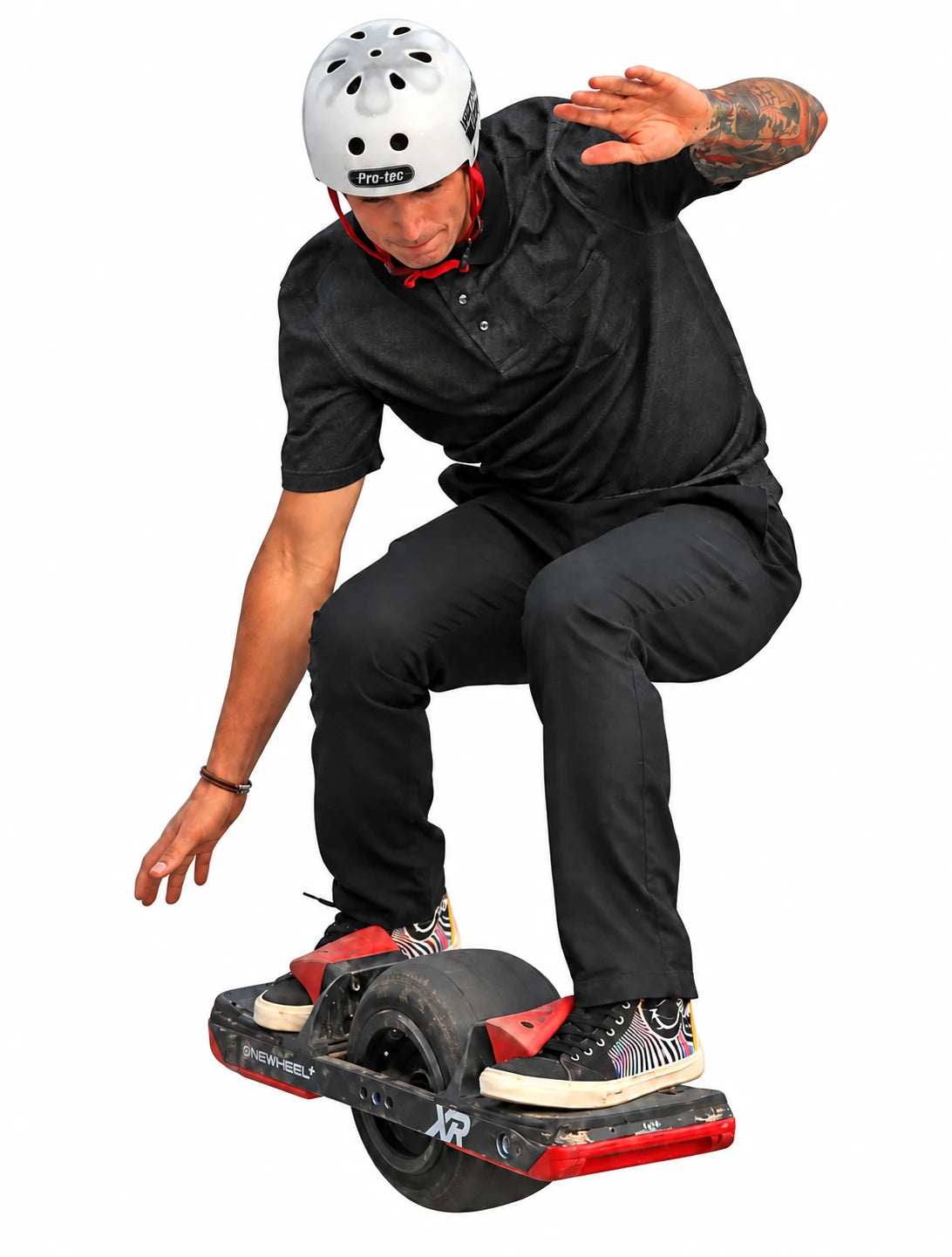 An airborne Onewheel rider, reimagined from the magazine cover on our original photos page.